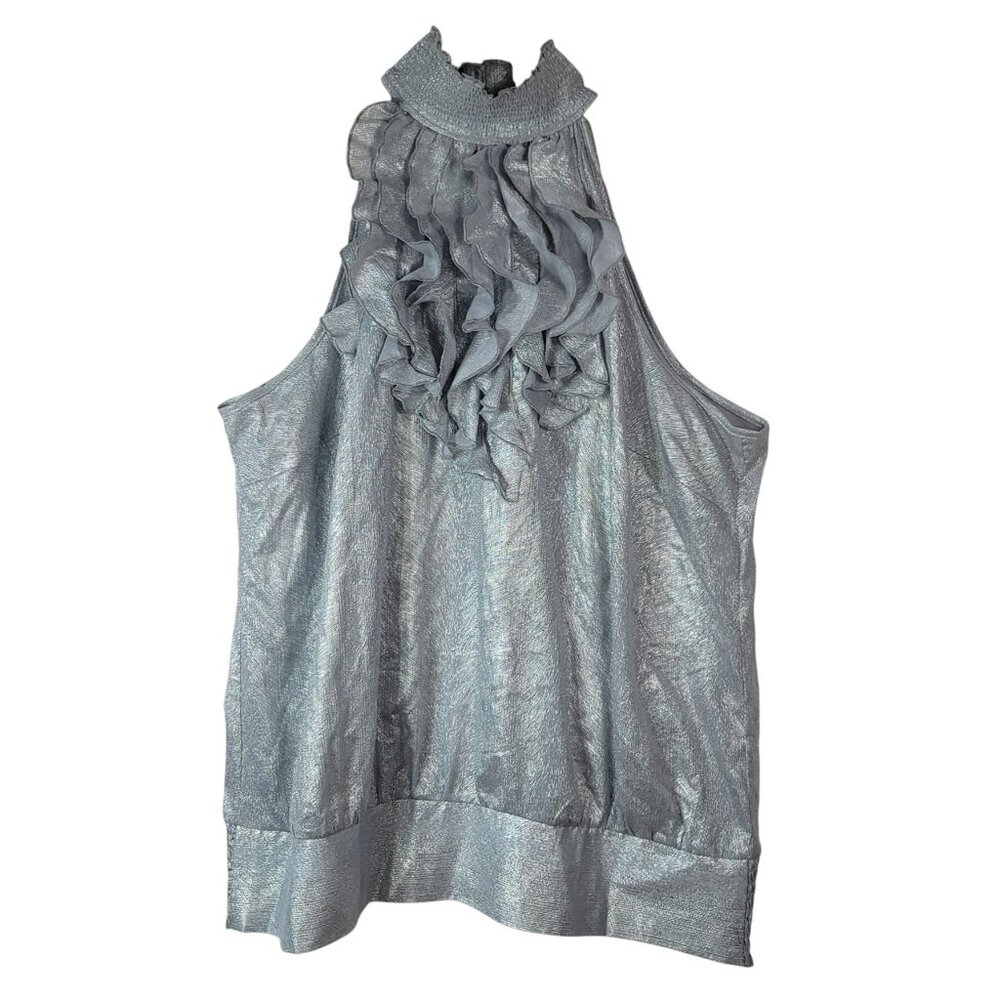 Ashley Stewart Metallic Sleeveless Halter Top Silver 18W Ruffle Smocked Button